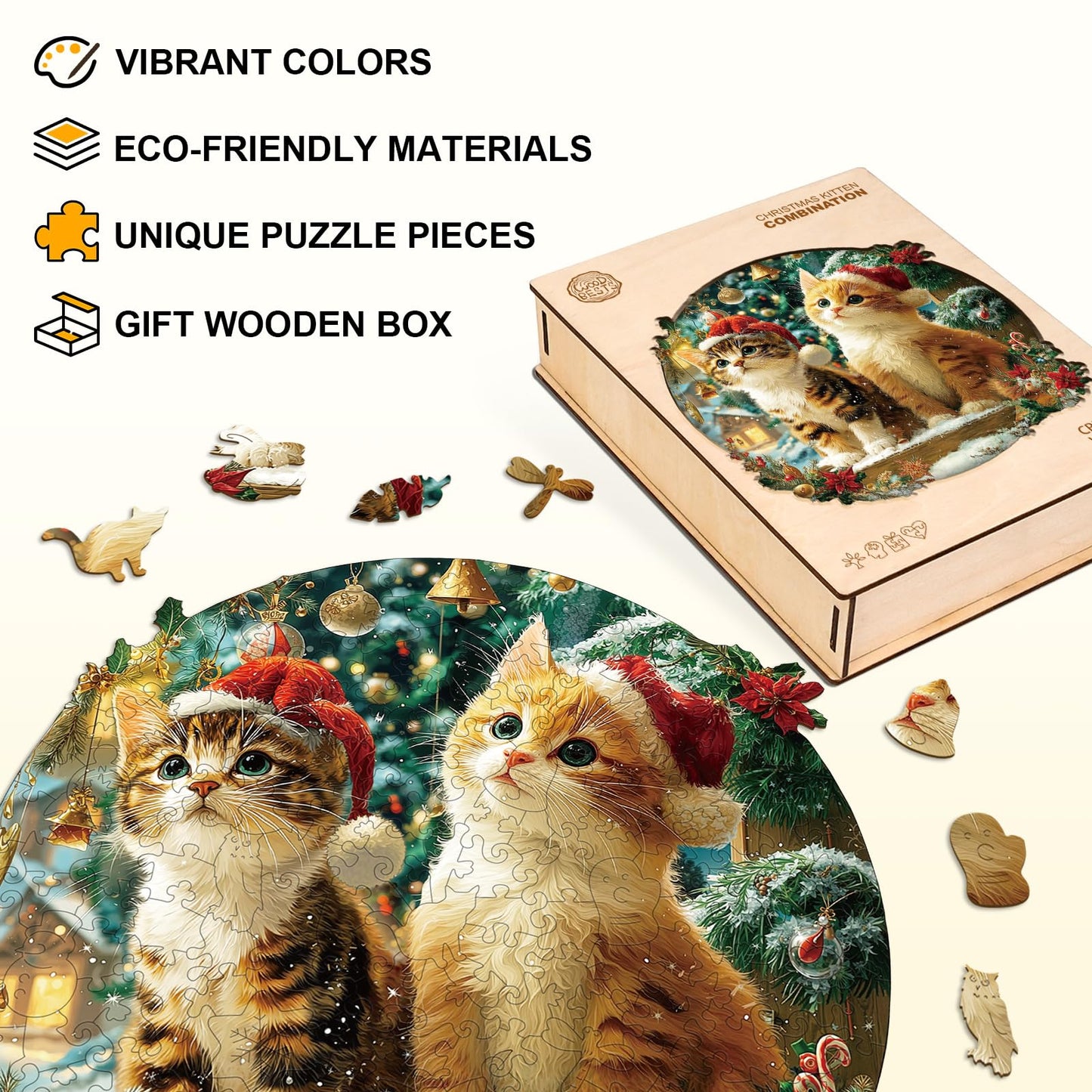 Jigfoxy Wooden Puzzle for mature-themeds  Christmas Kitten Jigsaw Puzzles for mature-themed  Unique Animal Shape Wood Cut Puzzles  Christmas Thanksgiving Gifts for Friends Family (M-11.4 * 11.4in-200pcs)