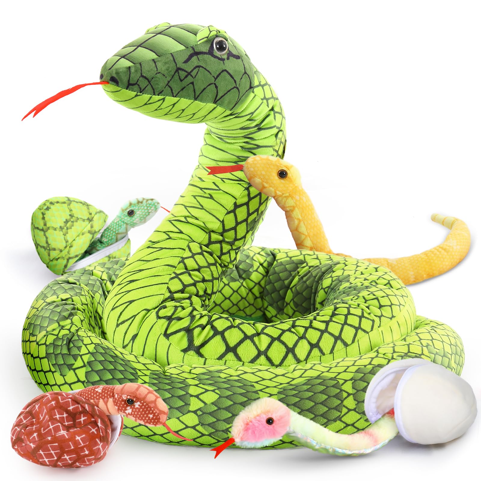 Morismos Snake Stuffed Animals Plush Toy 120 Inch Giant Snake Plush With Babies Stuffed Snake Toys For Kids Plush Party Decorations Favors Prank Props, 4 Snake Babies, 3 Snake Eggs
