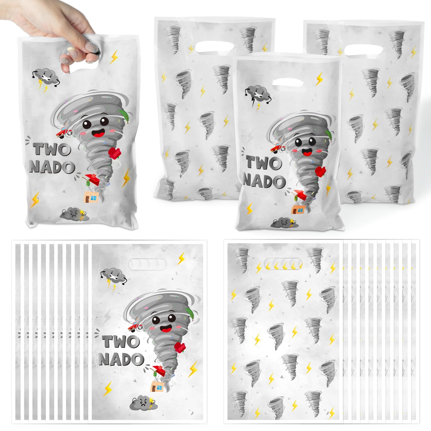 Two Nado Party Favor Bags - 50Pcs Gray Tornado Patterns Goody Candy Treat Bags for Kid, Cute Two Nado Theme Plastic 2nd Birthday
