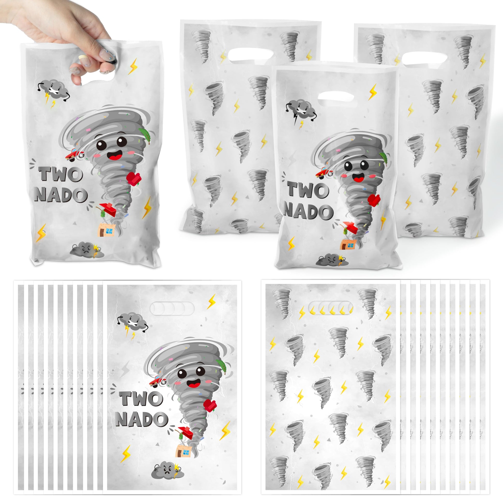 Two Nado Party Favor Bags - 50Pcs Gray Tornado Patterns Goody Candy Treat Bags for Kid, Cute Two Nado Theme Plastic 2nd Birthday