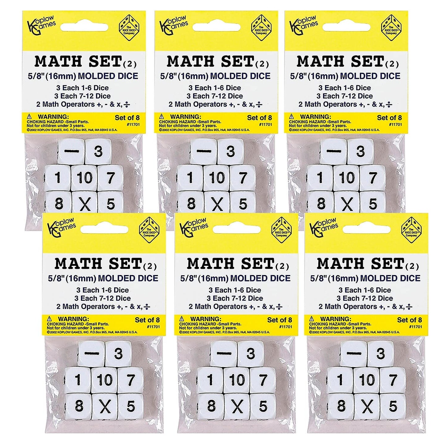 Whole Number Dice Set, 8 Per Pack, 6 Packs
