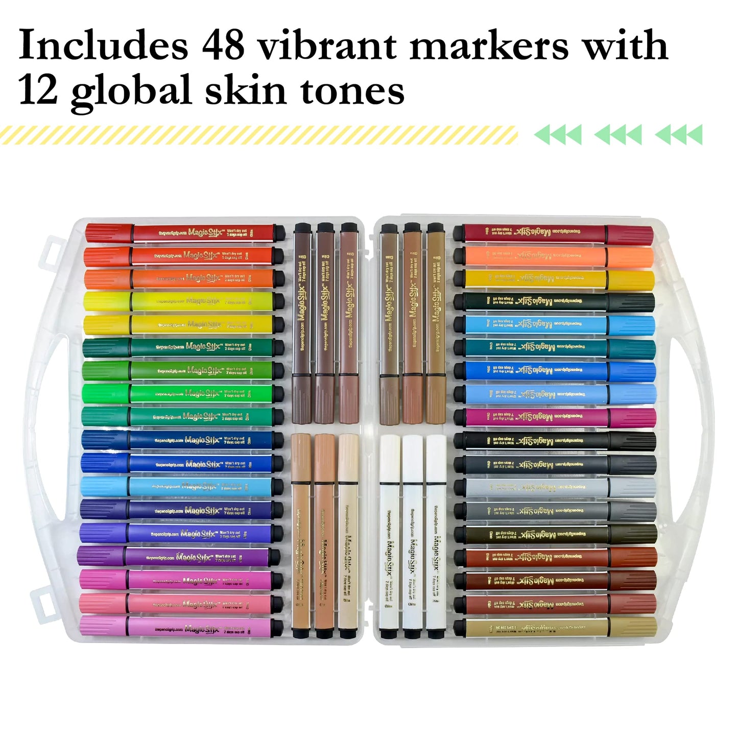 The Pencil Grip Magic Tri Stix Markers Set, 48 Assorted Colors, Non-Toxic, Washable, Includes 12 Global Skin Tone Markers, TPG-390