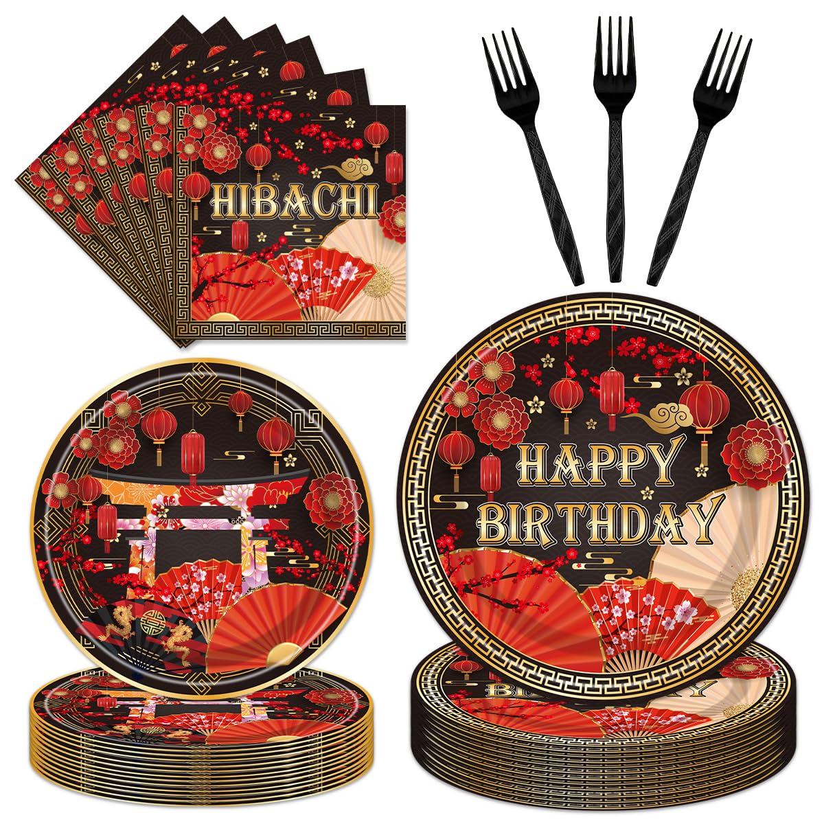 EngoEagle 96PCS Hibachi Plates and Napkins Party Supplies Hibachi Japanese Birthday Party Decorations Asian Japanese Style Theme