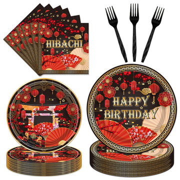 EngoEagle 96PCS Hibachi Plates and Napkins Party Supplies Hibachi Japanese Birthday Party Decorations Asian Japanese Style Theme
