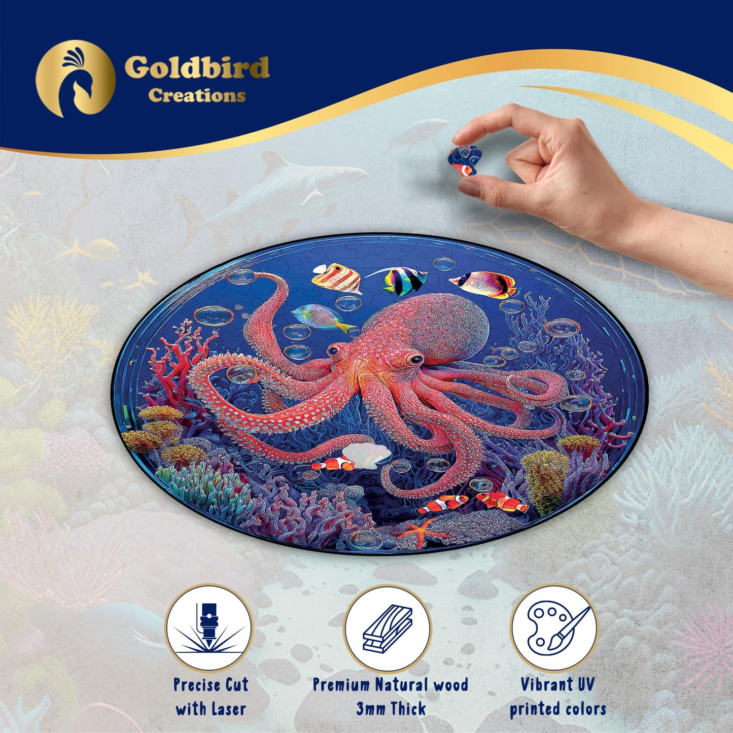 Wooden Jigsaw Puzzles For Adults - Animal Shaped Puzzles - Round Wooden Ocean Puzzles - Christmas & Birthday Gift Idea - Octopus