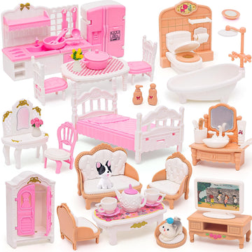 Hapgfs Doll House Mini Furniture 45 Pcs Dollhouse Furniture Set Accessories Pretend Play Bedroom Living Room Bathroom Kitchen Fo