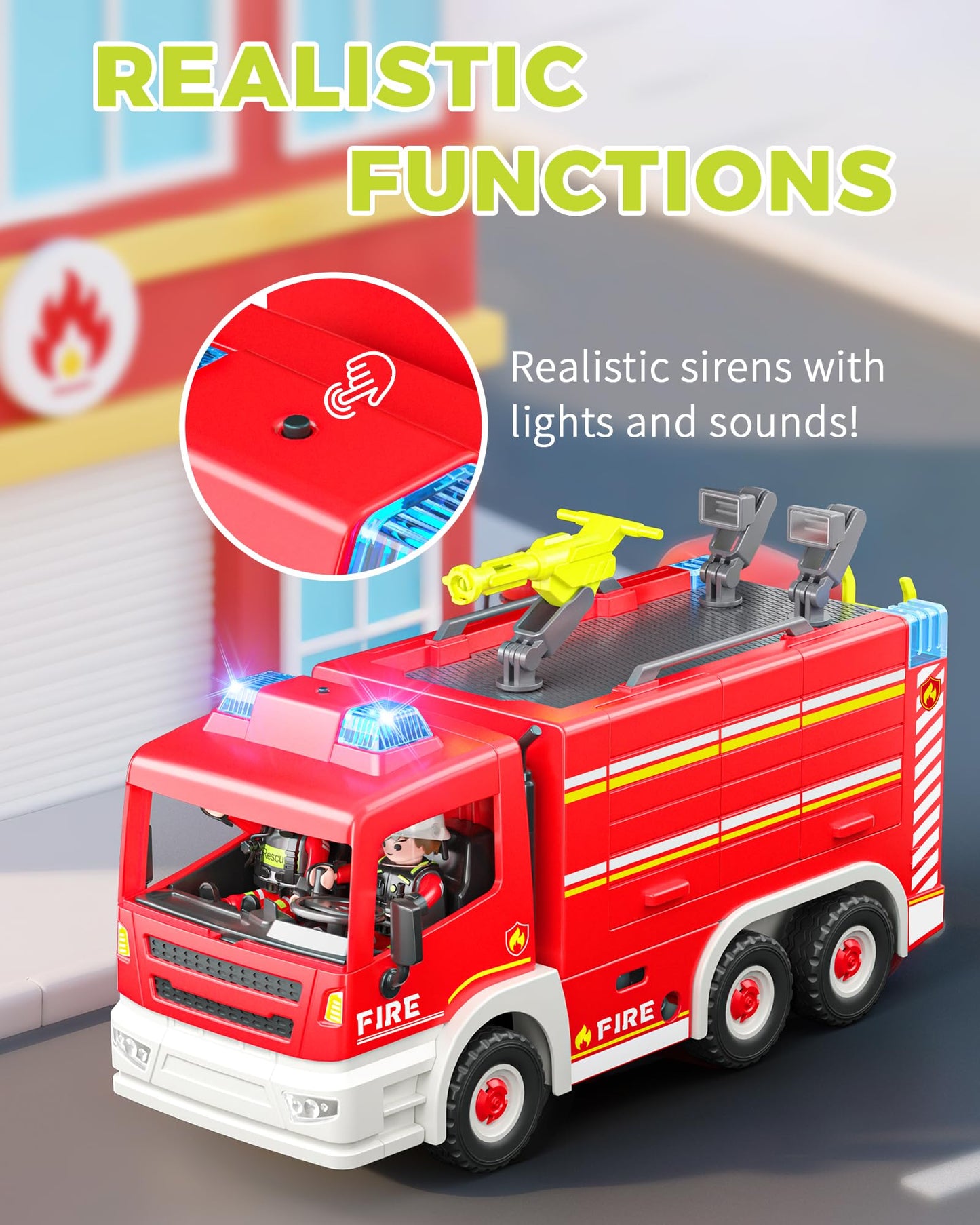 Coroiesty Large Fire Truck Toy - 14.57"x8.27"x5.51", Plastic, Lights & Siren Sounds, DIY Rescue Vehicle for Kids 3-8 Years Old