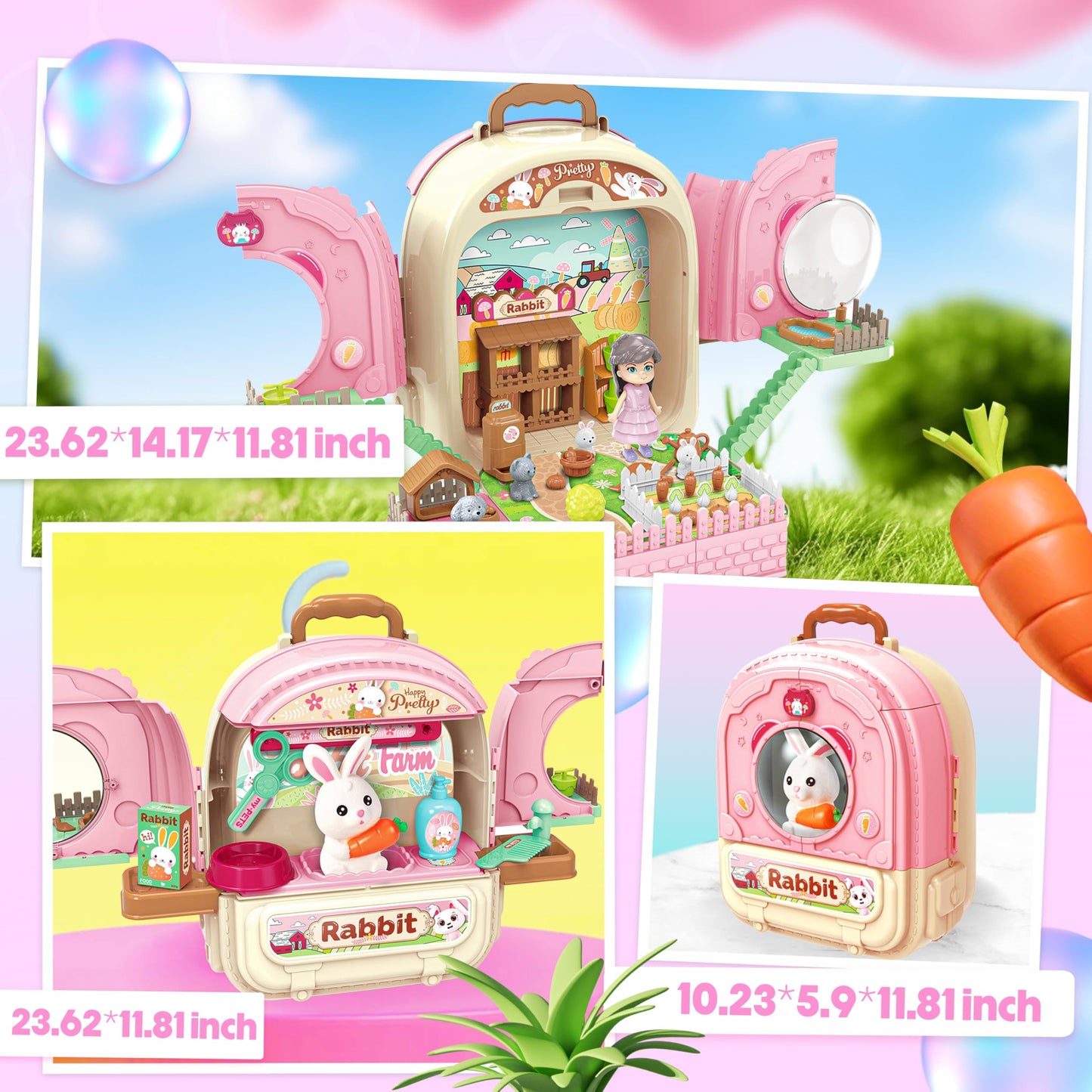 Smilesskiddo Pet Carrier Backpack Toy, 3 In 1 Care Playset, Pretend Play Accessories & Hair Dryer Toy, Rabbit Role Play Set For