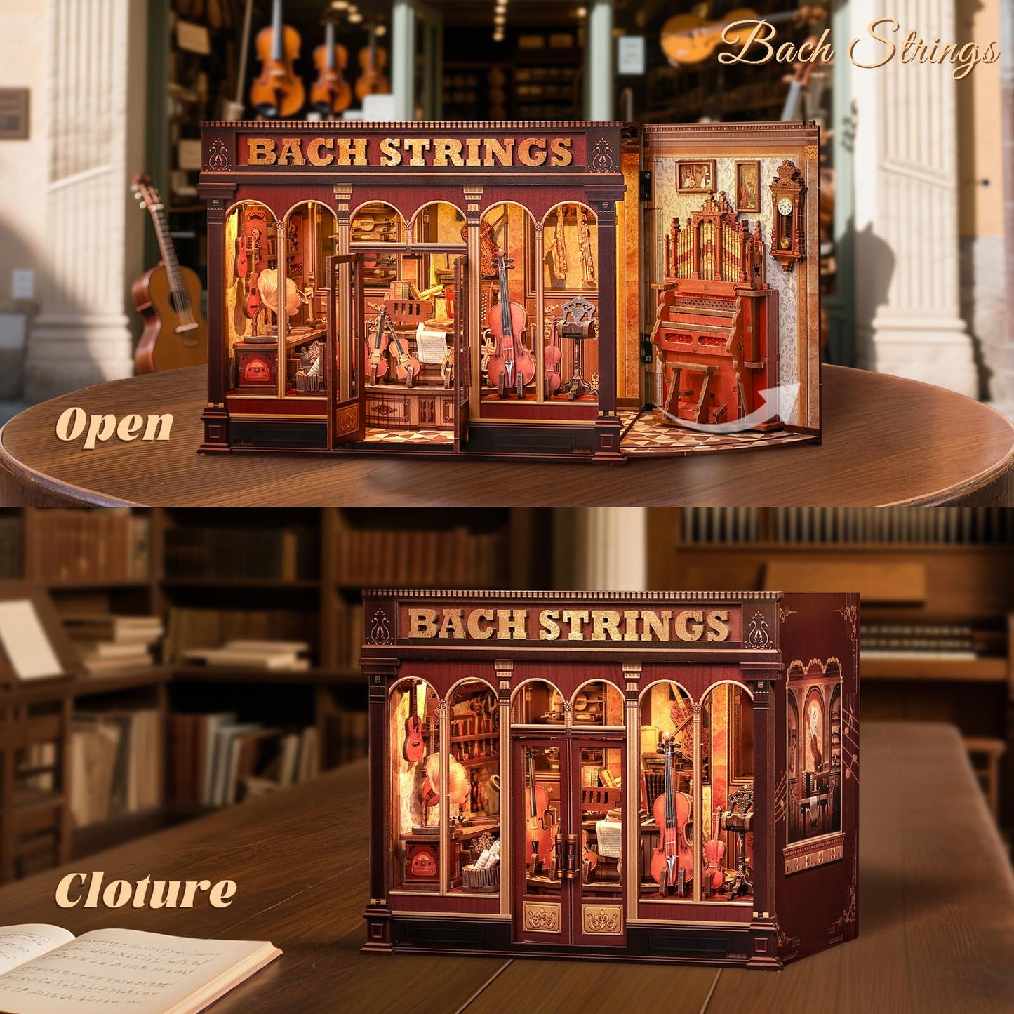 Fsolis Book Nook Kit - DIY Scene Miniature Dollhouse Kit for mature-themeds  Shelf 3D Puzzles 285 pcs  Tiny House Mini Music Shop Model Booknook Craft Bookshelf Decor Gifts for Women (Bach Strings)