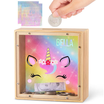 Piggy Bank Girls, Wooden Piggy Bank For Kids Unicorn Money Bank Coin Bank With Diy Letter Stickers,Rainbow