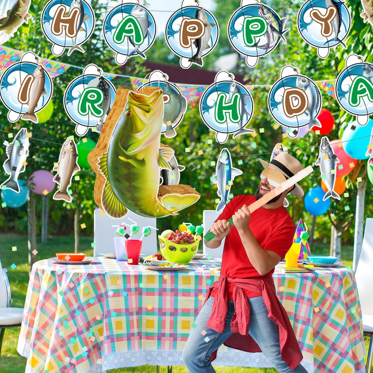 Glimin Fish Pinata Fishing Game - Ocean Theme Party Supplies with Stick, Bat, Blindfold, Confetti - Brown, Green, Blue