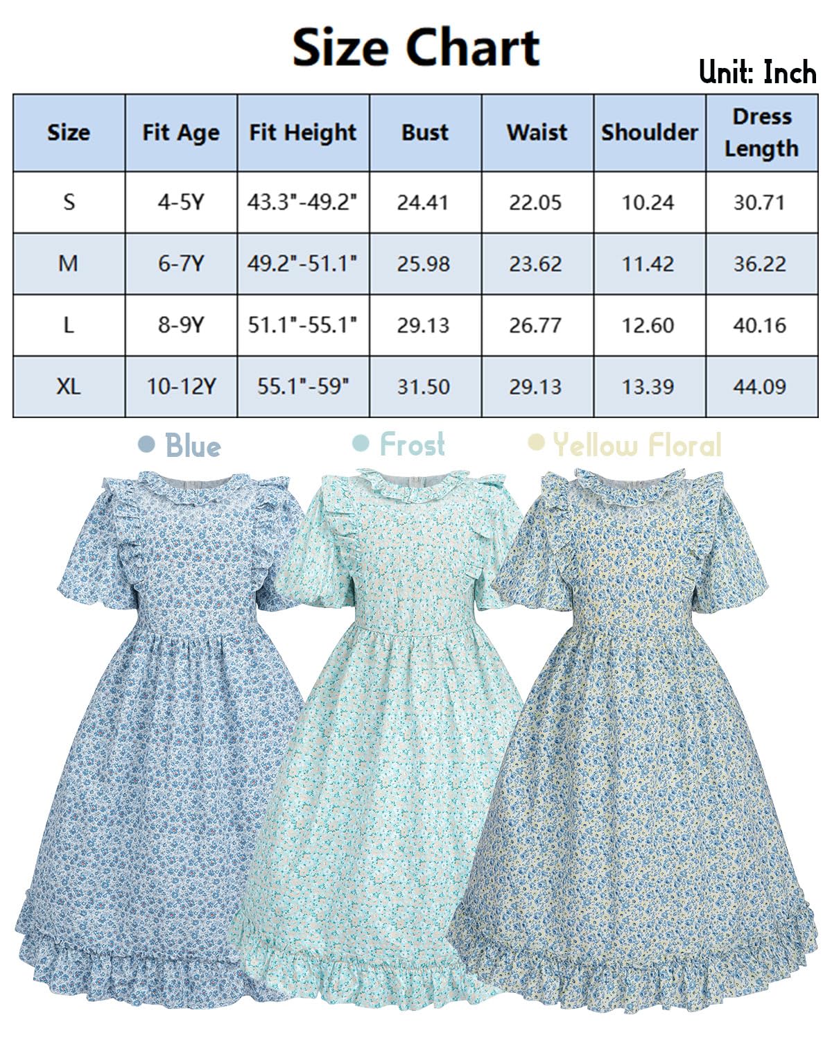Fccam Colonial Pioneer Dresses For Girls Short Sleeve Floral Prairie Costume Blue M