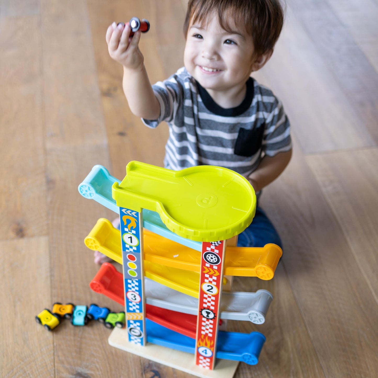 Fat Brain Toys Zigzag Racetrack - Number-Learning Car Tower for Preschoolers, 15 x 12.5 x 4 inches, Mixed Materials, Model FB424