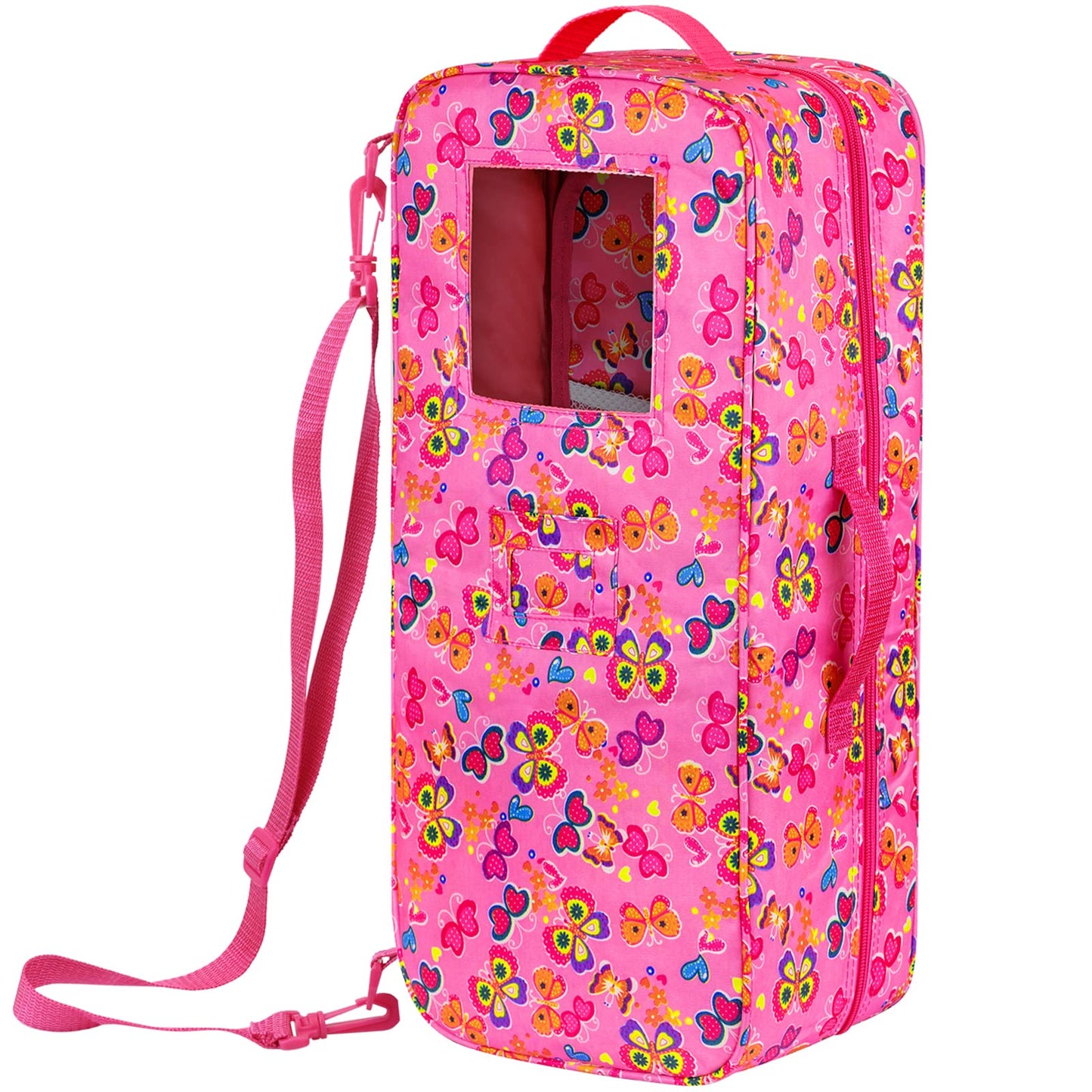 ZITA ELEMENT 18 Inch Doll Travel Carrier Case - Pink Nylon Crossbody Bag with Multi-Pockets and Storage Closet for Doll Accessories