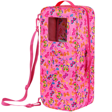 ZITA ELEMENT 18 Inch Doll Travel Carrier Case - Pink Nylon Crossbody Bag with Multi-Pockets and Storage Closet for Doll Accessories