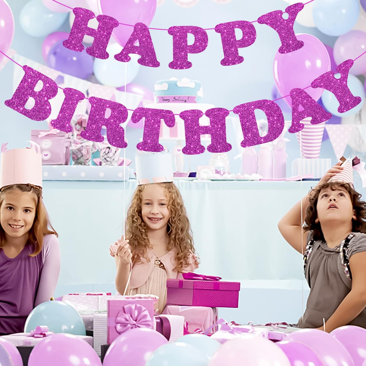 Glitter Purple Happy Birthday Banner Sign With Shiny Letters, Glitter Happy Birthday Bunting Banner Flag Garland For Kids Boys Baby Birthday Party Decorations Supplies