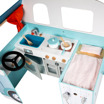 Wooden Play Camper Van Toy Playset w Steering Wheel, Kitchen w Stove, Oven, Bed, Pillow, Pretend Shower, Curtains, Personalizati