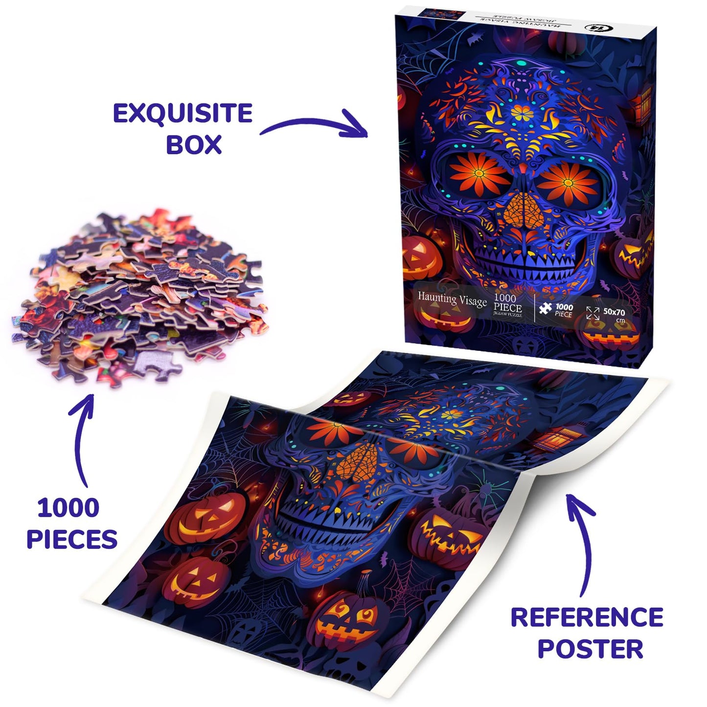 Halloween Horror Skull Puzzle For Adults 1000 Pieces, Holiday Flower Skeleton Jigsaw Puzzle, Pumpkin Ghost Spider Puzzle