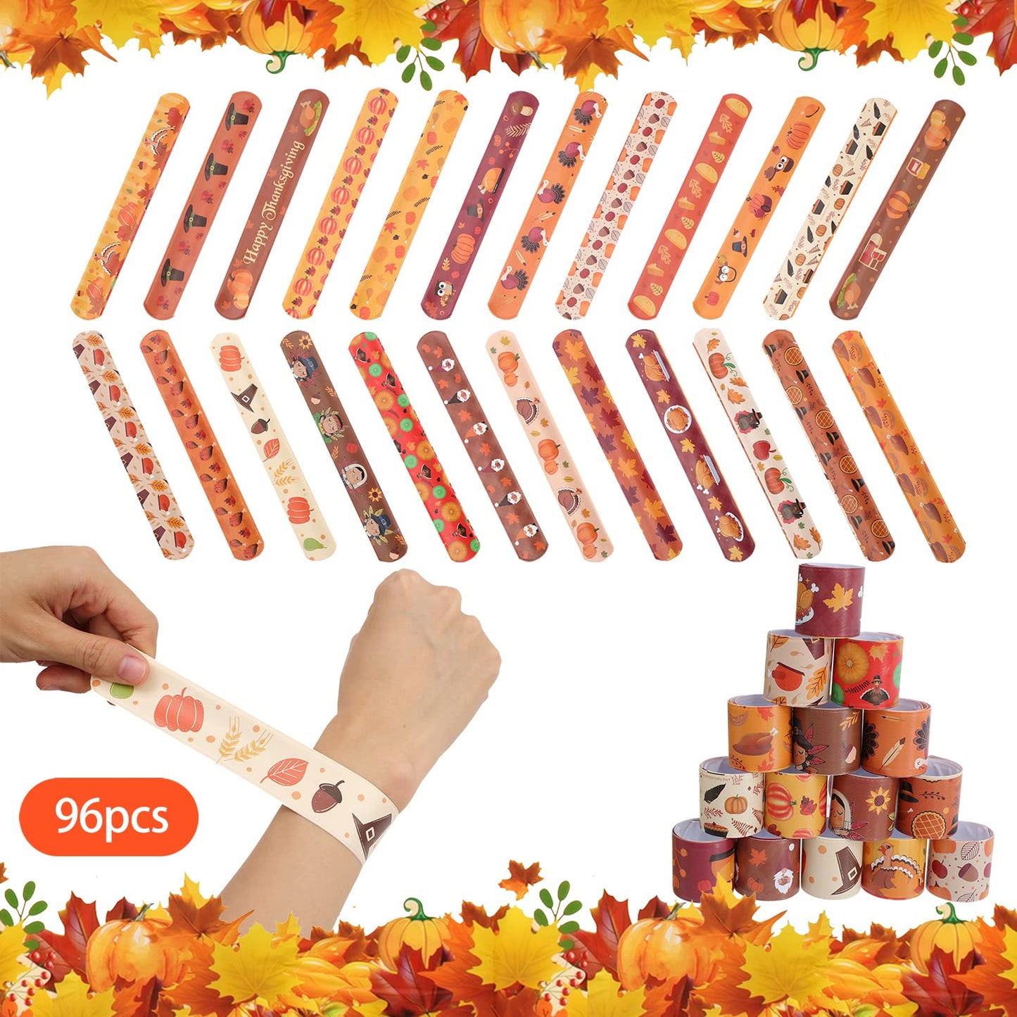 WIQEDOHA 96PCS Thanksgiving Maple leaf Themed Slap Bracelets for Thanksgiving Party Favors, Fall party Favors,Birthday Party Fav