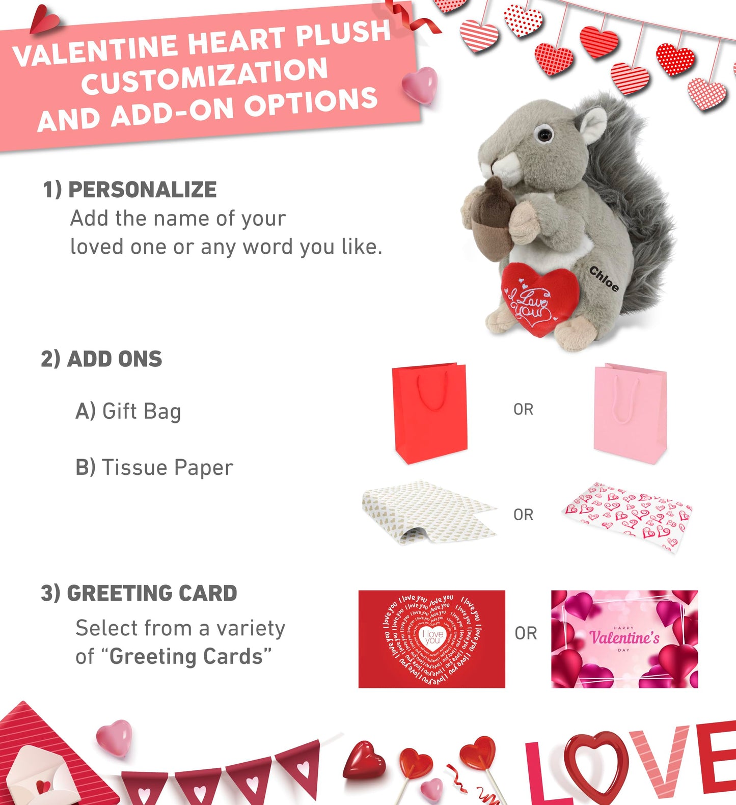 DolliBu I Love You Valentine Plush Grey Squirrel - Cute Stuffed Animal with Red Heart and Name Personalization Gift for Valentines Day  Birthday  Anniversary  Romantic Date - 8 Inches