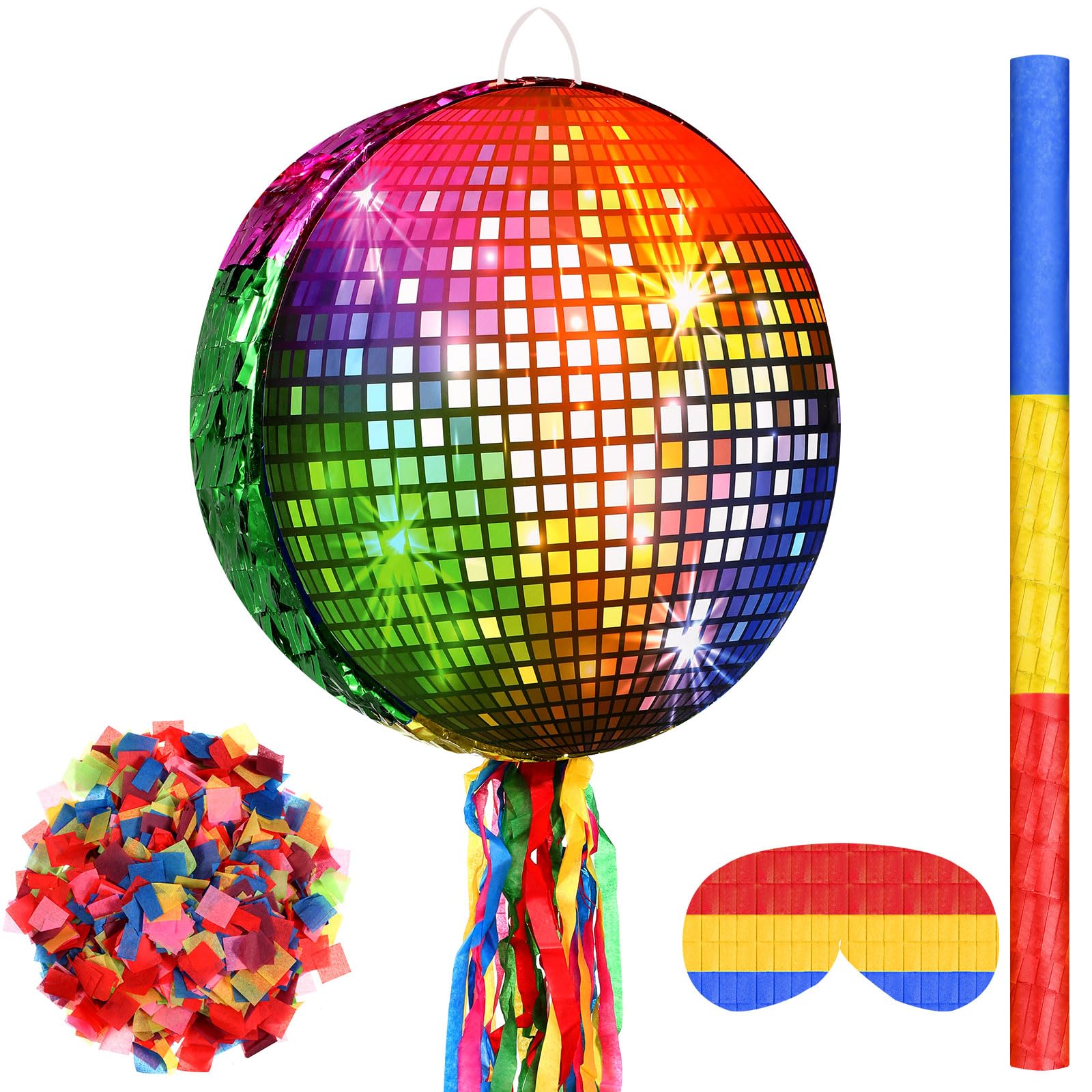 Aoriher Disco Party Piata 80s 90s Roller Skating Piata Mirror Disco Ball Piata Hip Hop Skate Party Piata Stick Mask Confetti for