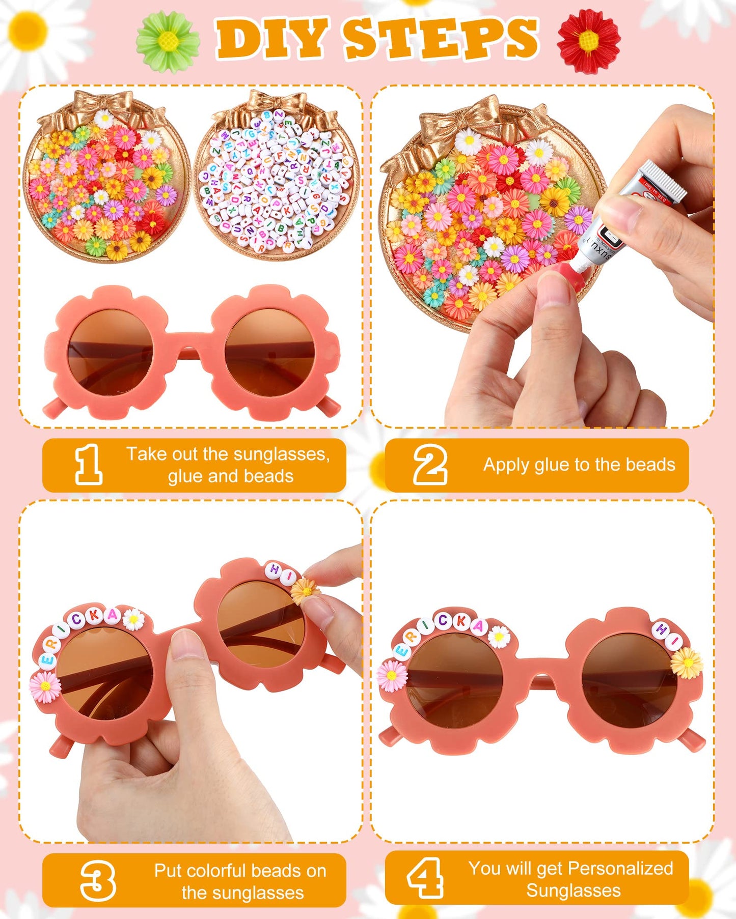 Cindeer 24 Pairs Flower Sunglasses Kids DIY Round Boho Flower Sunglasses Set Includes 100 Pcs Daisy Charm 416 Letter Beads and G