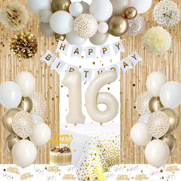 Sweet 16 Birthday Decorations, White And Gold 16Th Birthday Decorations For Girls Boy 16Th Happy Birthday Banner Tablecloth Frin