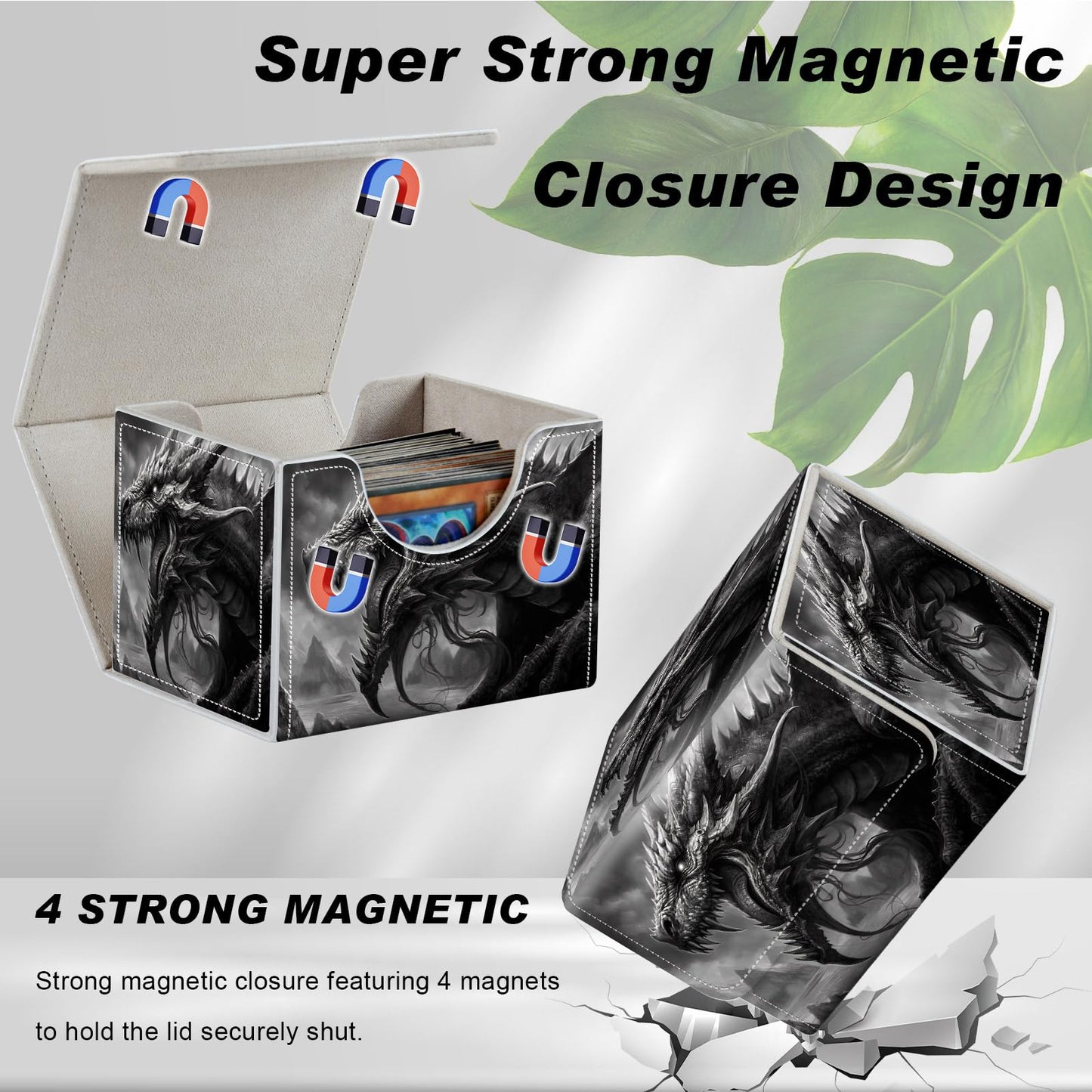 Card Game Storage Box TCG Deck Box MTG Card Box Organizer Trading Card Case Commander Deck Box TCG Card Storage Box Magnetic Closure Creative Pattern Up to 200 Cards  Cool Dark Dragon
