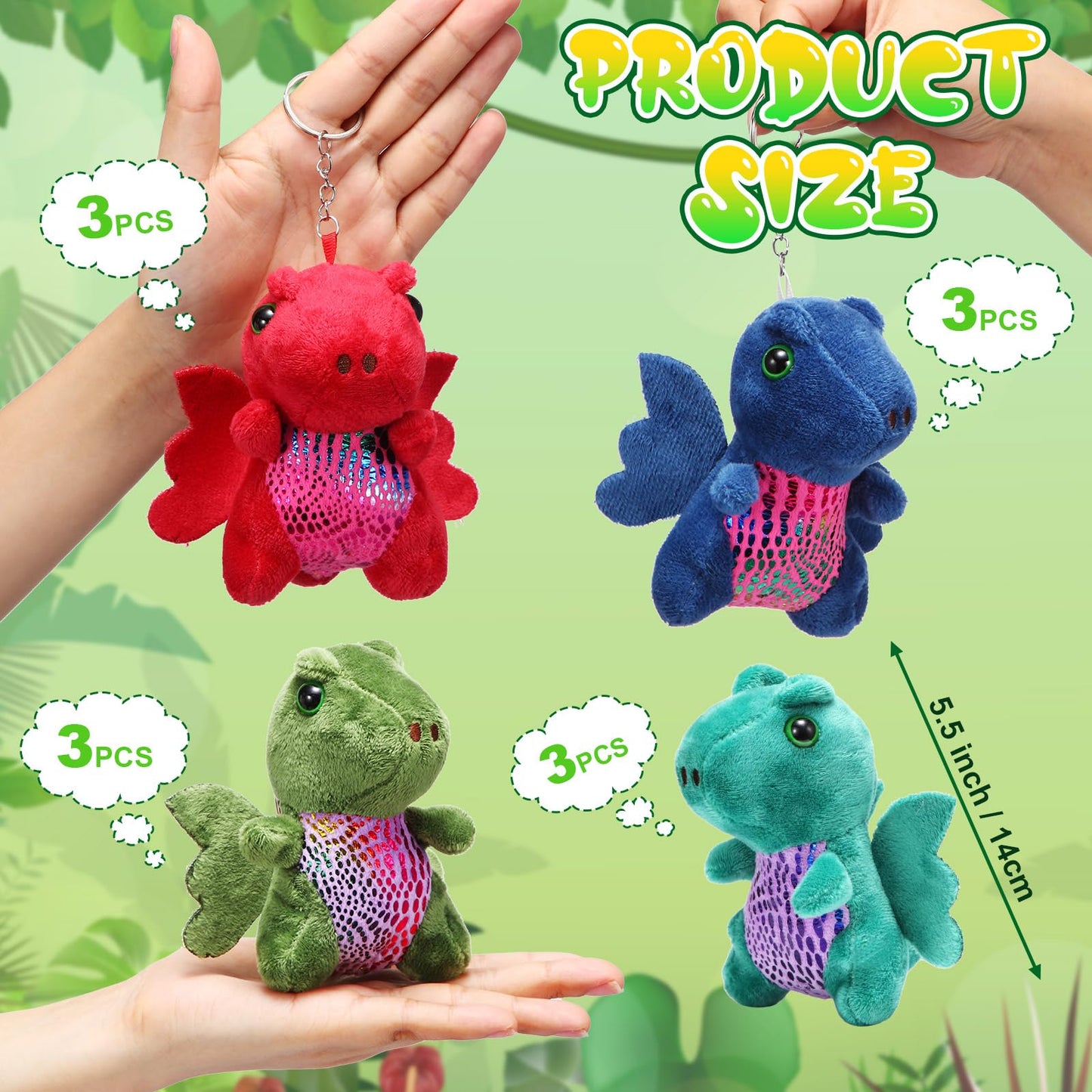 Siifert 12 Pcs Plush Dragon Stuffed Animals Bulk Cute Dinosaur Plush Keychain For Kid Birthday(Dark Color,Lovely Style)