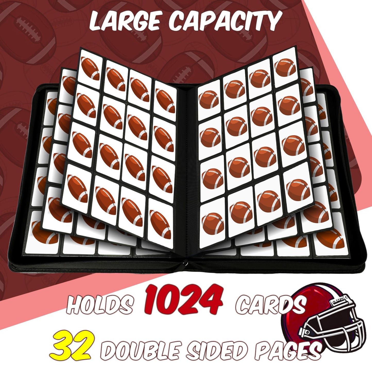 Football Card Binder 16 Pocket  enhanced 1000+ Cards PU Cover Trading Sports Card Binder Side Loading Card Holder Collection Album Folders