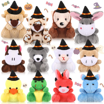 Blueweenly 12 Pcs Mini Halloween Stuffed Animal Toys - Small Animal Plush Key Chains With Black Witch Hat - Tiny Halloween Theme