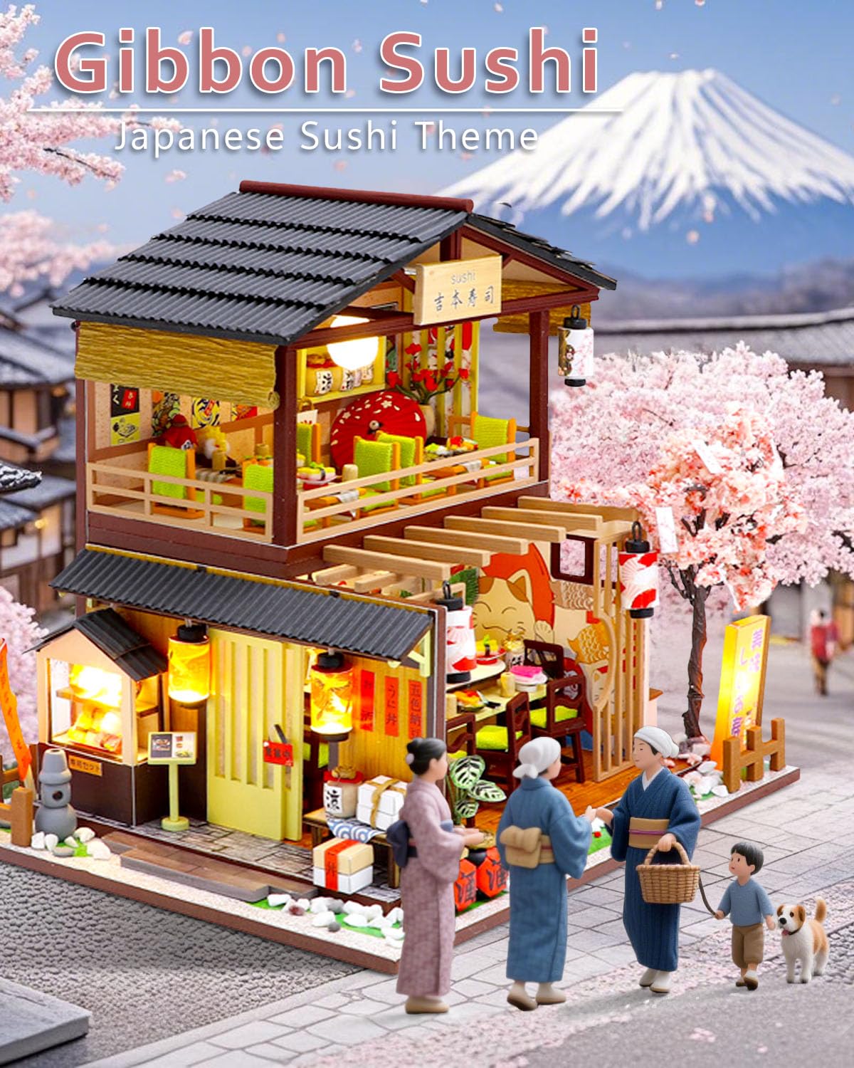 OurMiao Miniature House Kit - Gibbon Sushi  DIY Wooden Dollhouse for mature-themeds with LED & Furniture  Tiny House Craft Gift for Teens Families Friends