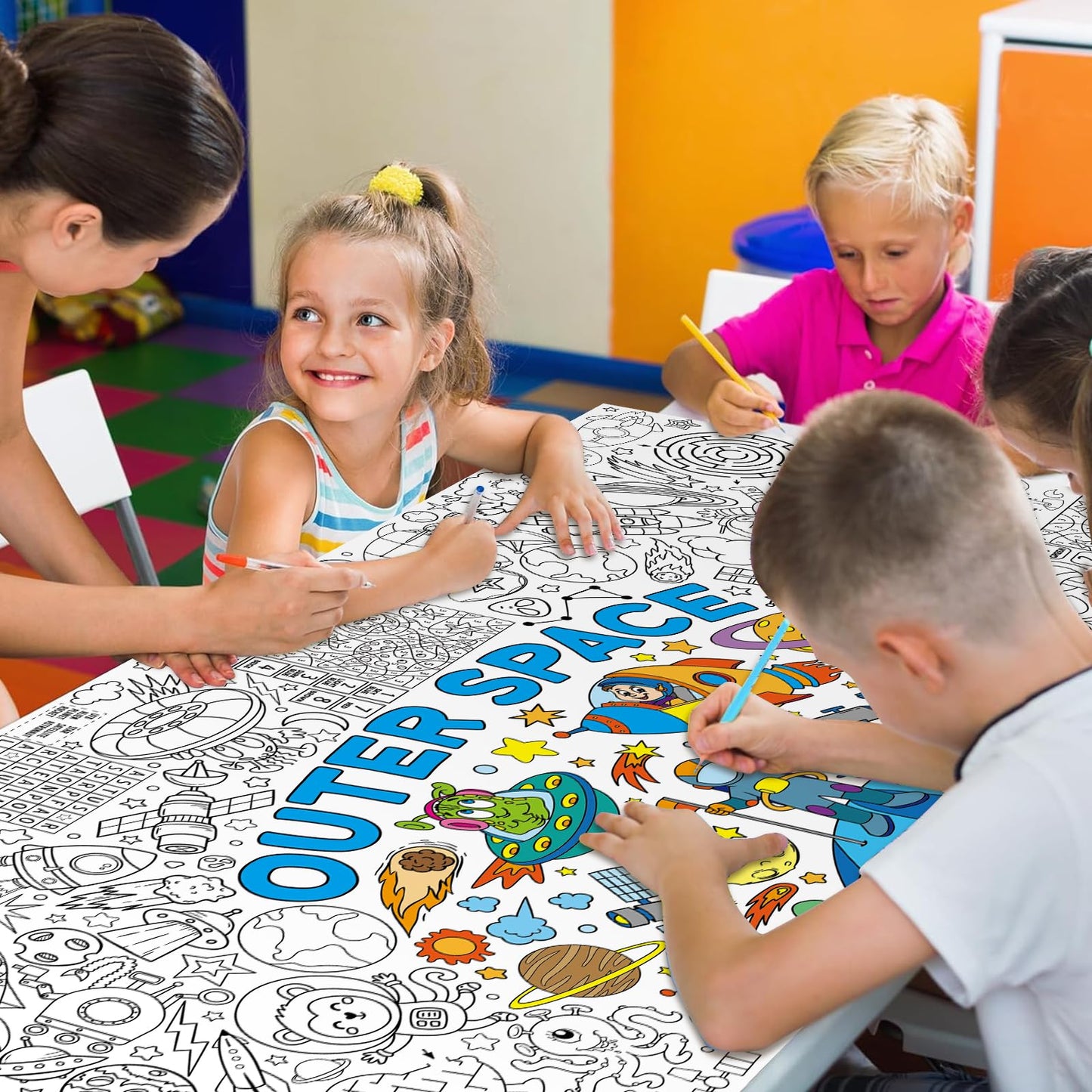 Outer Space Giant Coloring Poster For Kids 30 X 72 Inch, Space Large Coloring Poster Tablecloth, Outer Space Themed Color-In Act