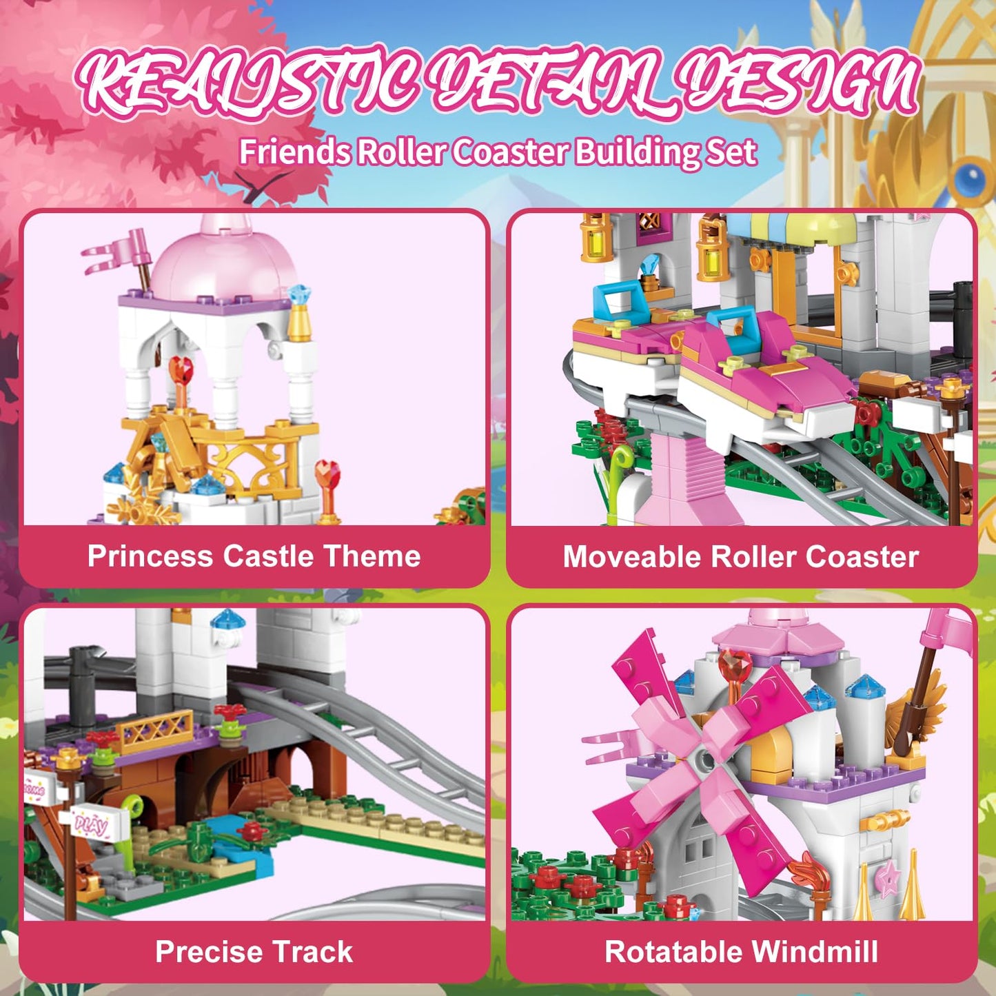Wingift 711 Piece Friends Roller Coaster Building Set,Girls Creative Amusement Park Building Kit,Stem Princess Castle | Pink Playground Park Model Building Toy,Christmas Birthday Gift For Girls Age 6+