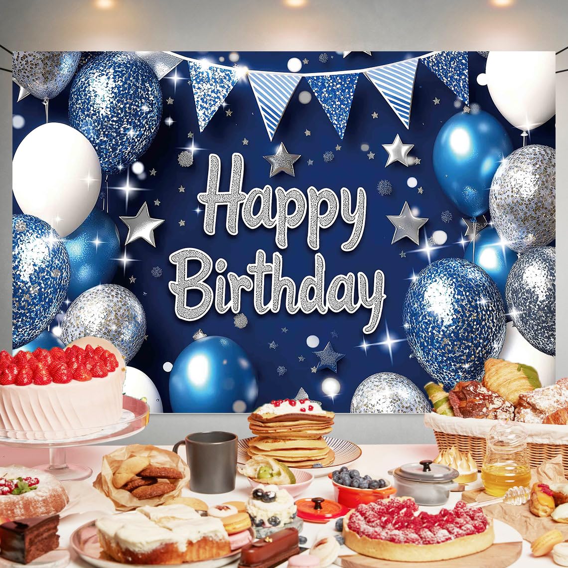 Yilzo Backdrop Blue Silver Balloon Star Happy Birthday Banner 70.8 x 47.2 Inch Photography Background for Men Party Supplies
