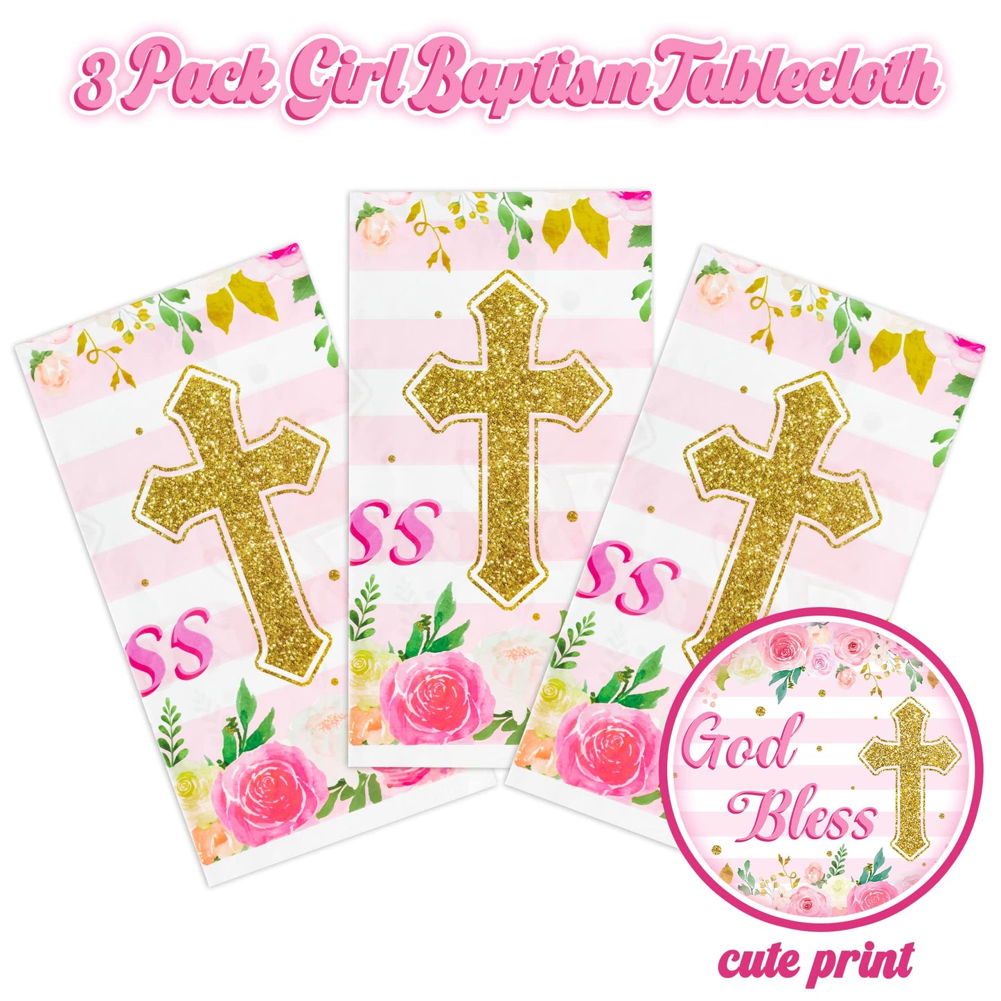 Bkeecten 3 Packs Pink Baby Girl Baptism Party Tablecloths Decorations Flower Theme Disposable Plastic Waterproof Rectangle God B
