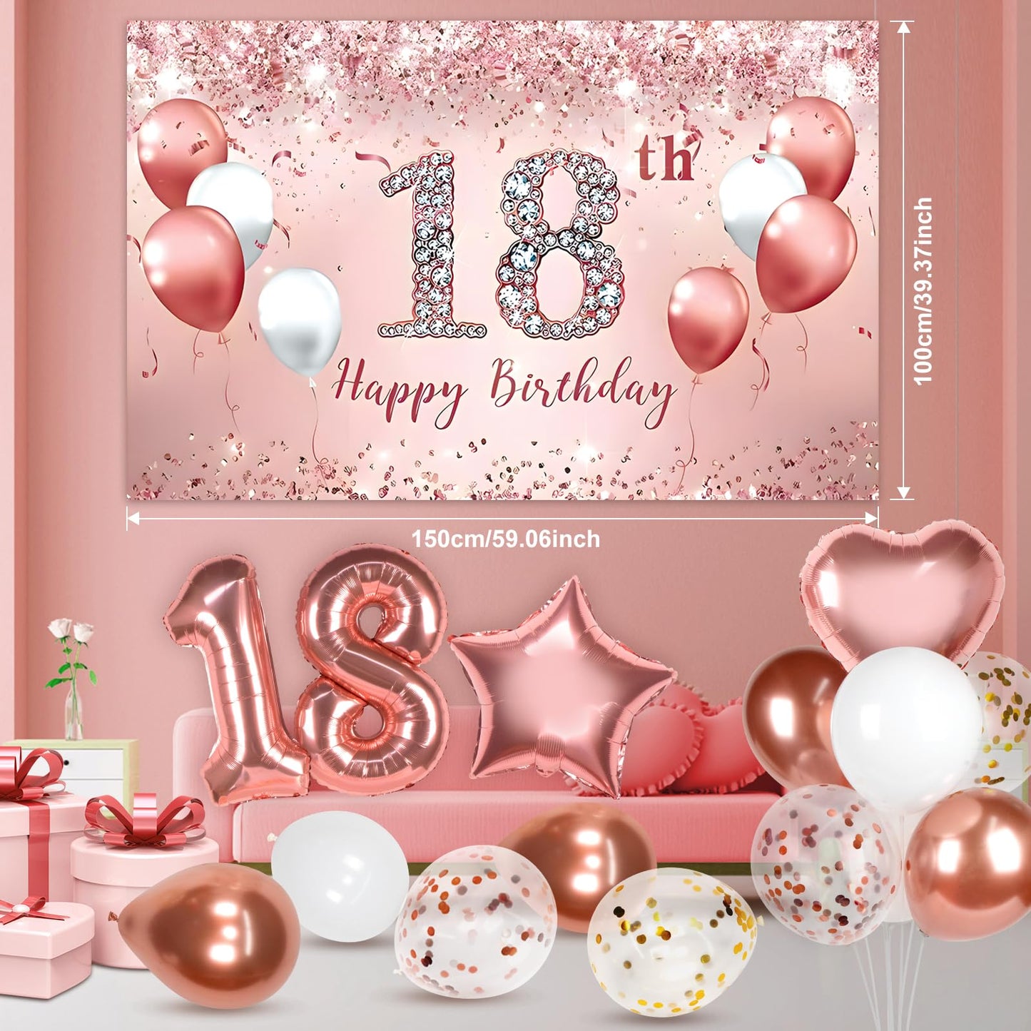 Hjingy 18Th Birthday Decorations For Girls, Rose Gold Party Decorations Include Balloons, Backdrop, Curtains, Banner, Sash, Crow