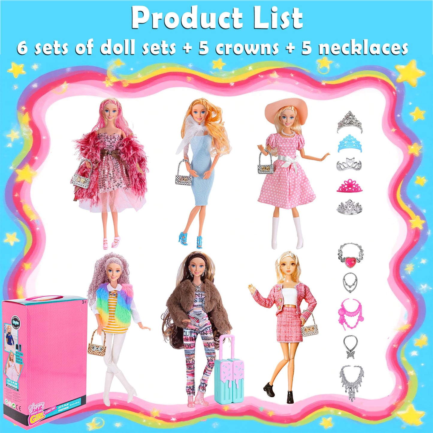 iBayda 6 Pack Fashion 11.5 inch American Toy Prinecess Dolls Playset with Outfits Dress Design and Accessories Like Handbag Hat Crown Necklace Suitcase (Gift Box Package)