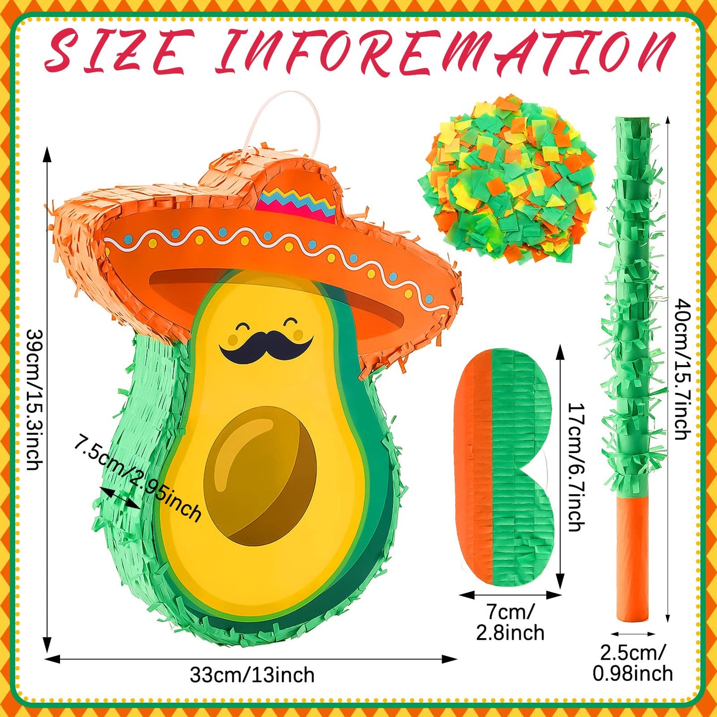 Avocado Piata Mini Sombrero Hats Mexican Fiesta Game Favors with Piata Stick Blindfold Confetti Set, 15.4 x 13 x 3 Inch