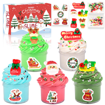 5 Pack Christmas Butter Slime Kit For Party Favors, Diy Christmas Slime Toys With Charms For Kids, Christmas Stocking Stuffer For Boys Girls