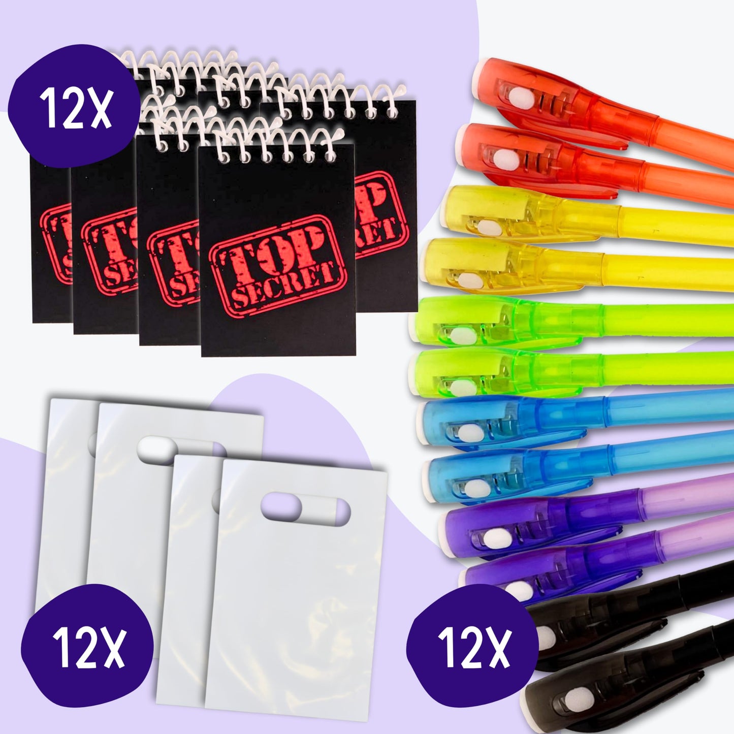 4E's Novelty 12 Invisible Ink Pen with UV Light, 12 Mini Top Secret Notebook and 12 White Goodie Bags - Fun Bulk Party Favors fo