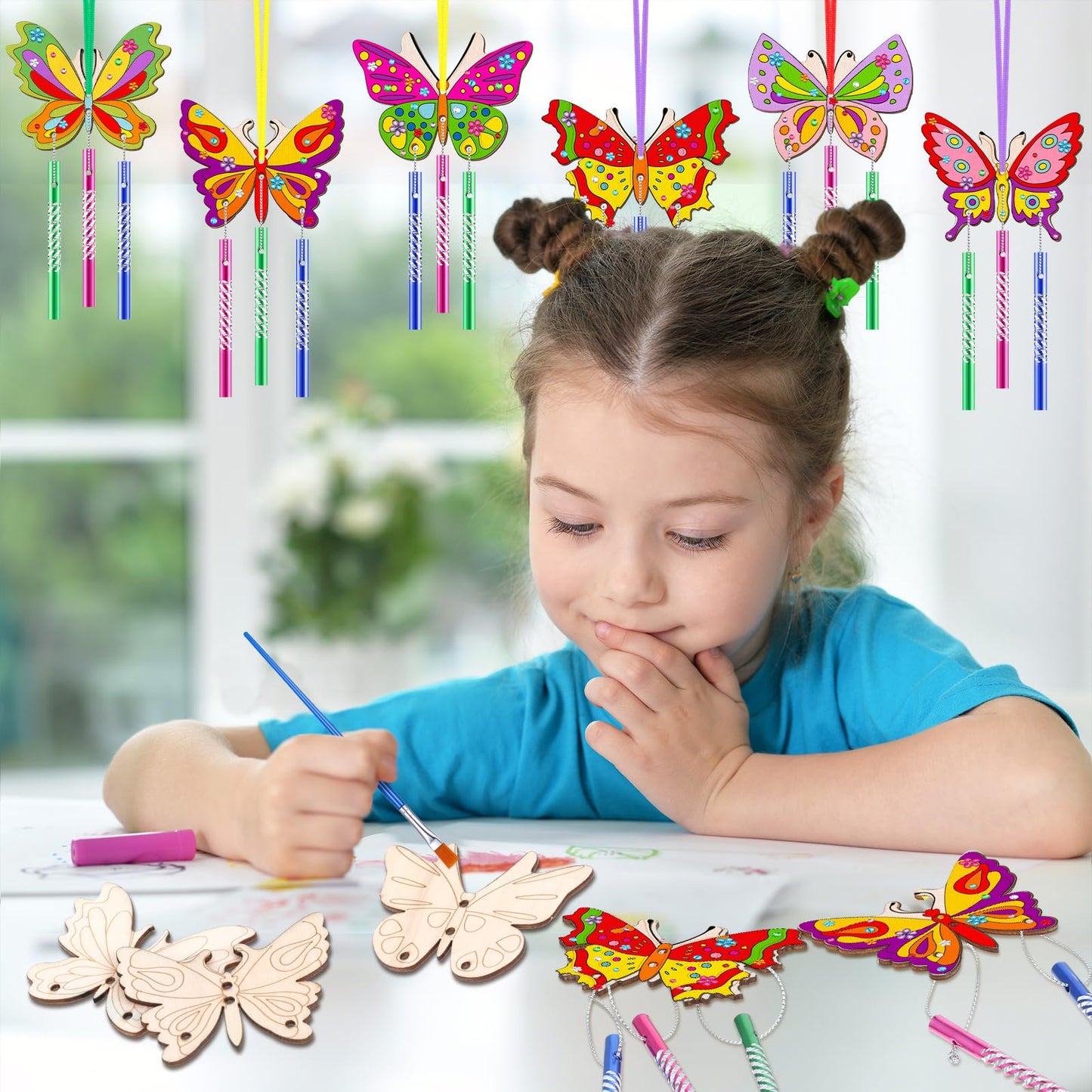 JellyArch 30 Pack Butterfly Wind Chime Making Kit for Kids Make Your Own Wind Chime Butterfly Wooden Crafts Ornaments for Girls