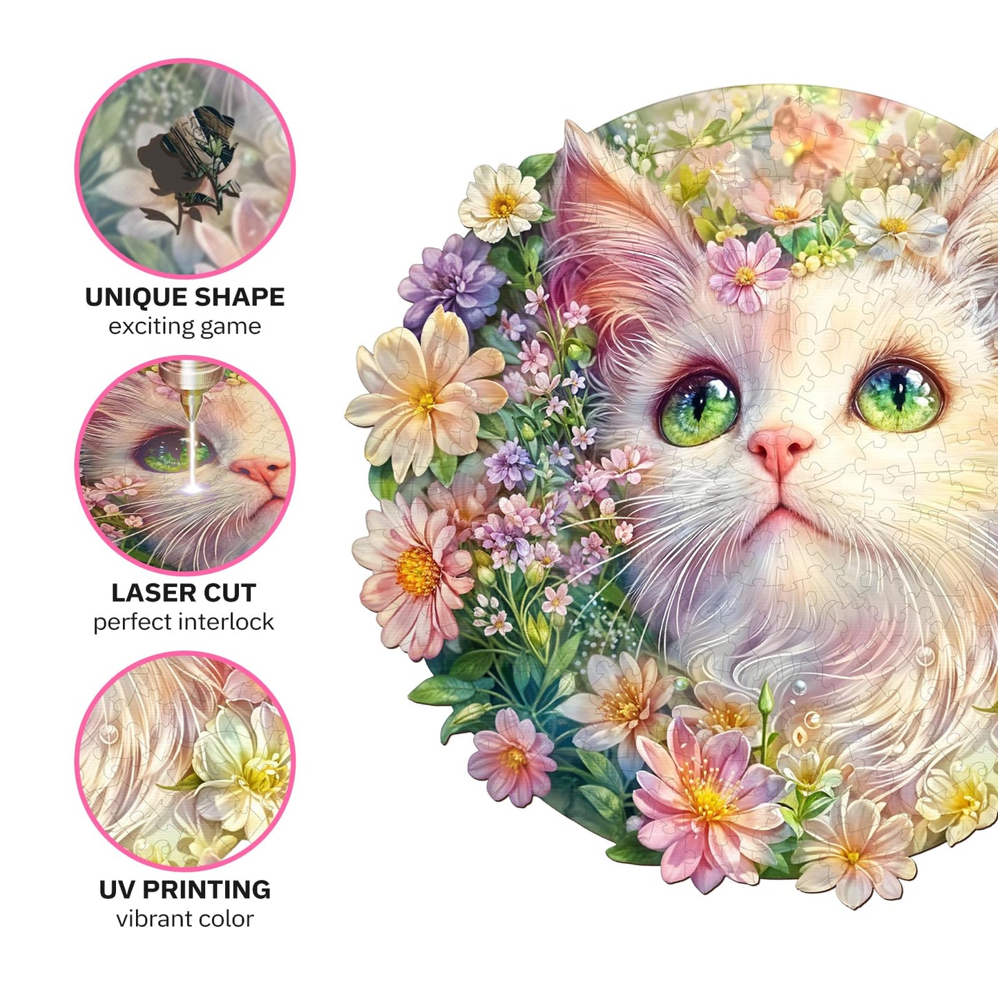 Jigfoxy Wooden Puzzles for mature-themeds  Cat in Flowers Wood Puzzles mature-themed  Unique Animal Shape Wooden Jigsaw Puzzles for mature-themeds  Birthday Gifts for Puzzle Lovers  Family  Friend (M-11.5 * 11.3in-233pcs)