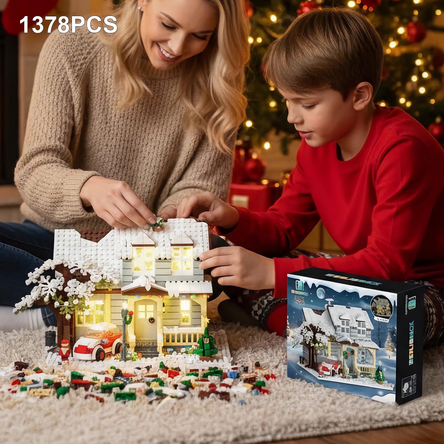 ENJBRICK Christmas House Building Set, 1378pcs, Lights, 11.42"x7.28"x8.07", White/Red/Green, Compatible with Lego