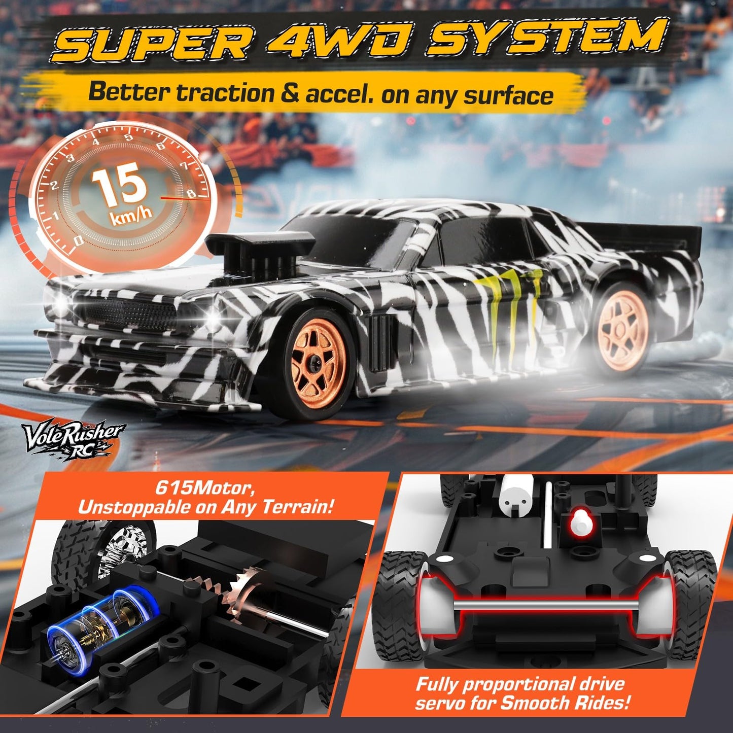VoleRusher RC 4WD Mini Drift Car 1/43 Scale, High Speed, Camouflage, ABS, 4.3x1.1x1.7 inches, Ideal for