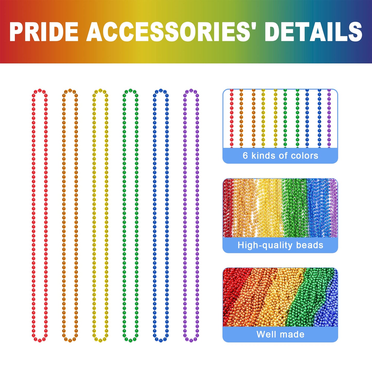 24PCS Pride Necklace Stuff, LGBTQ Beads Pride Accessories, 6 Kinds of Metallic Rainbow Beads Bulk, Gay Lesbian Pride Necklace fo