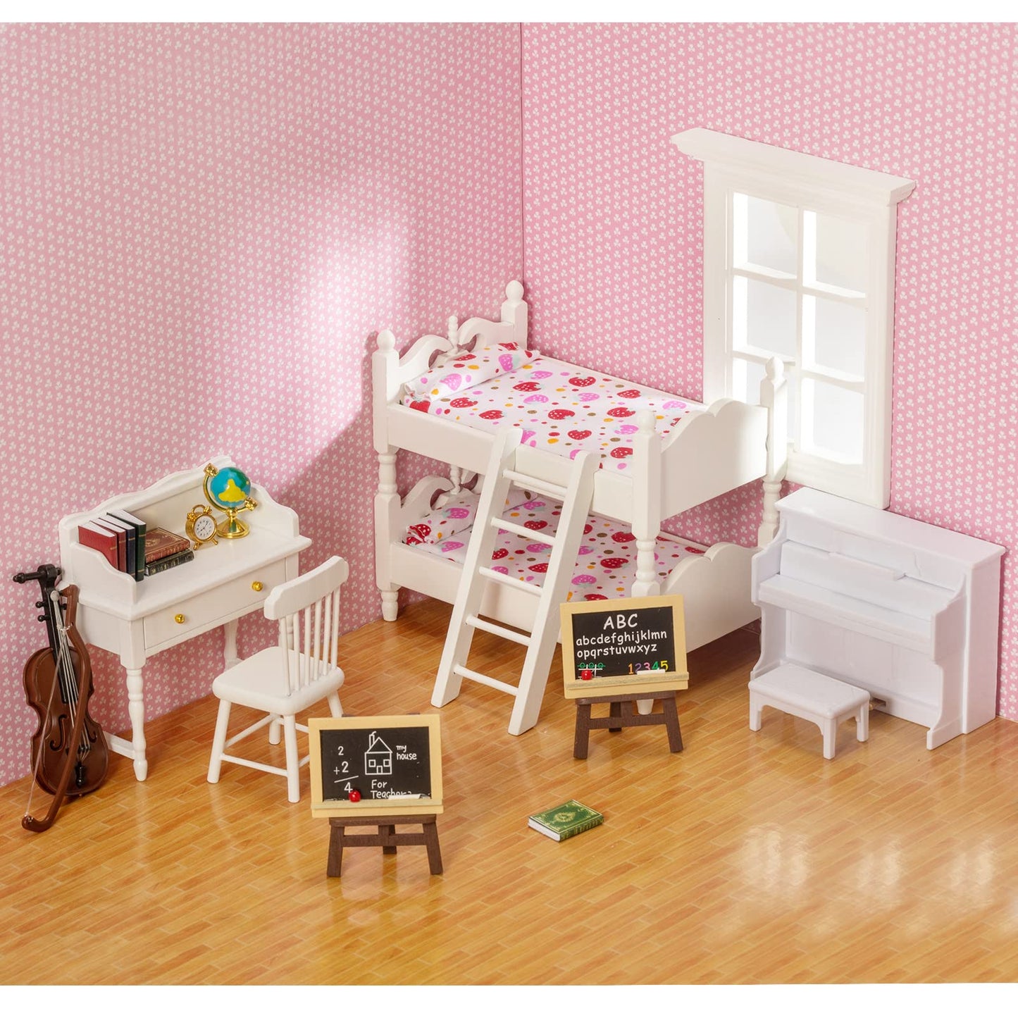 Samcami Miniature Dollhouse Furniture 1 12 Scale - Wooden Dollhouse Bed Set - Doll House Furniture Toys Incl Doll Bed, Desk, Books, Blackboards And Other Dollhouse Accessories