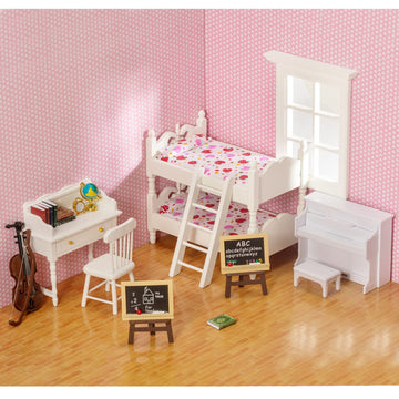 Samcami Miniature Dollhouse Furniture 1 12 Scale - Wooden Dollhouse Bed Set - Doll House Furniture Toys Incl Doll Bed, Desk, Books, Blackboards And Other Dollhouse Accessories
