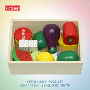 Kidzlane Wooden Vegan Toys with Wooden Crate | 20 Piece Wood Play Food Set for Kids Kitchen | Play Kitchen Accessories for Toddl