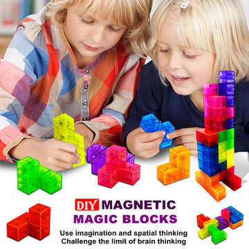 Ouxia Magnetic Building Blocks Magic Magnetic 3D Puzzle Cubes, Set Of 14 Multi Shapes Magnetics Blocks With 108 Guide Cards,Pare